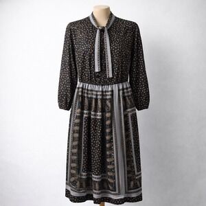 Vintage 70s Floral Belted Midi Dress Size 16 Petite Black Grunge‎ Modest Granola